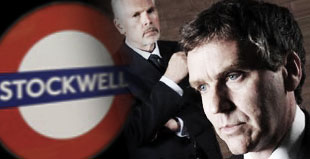 Kevin Quarmby as the Coroner, Sir Michael Wright and David Hepple as DCI McDowell in Stockwell